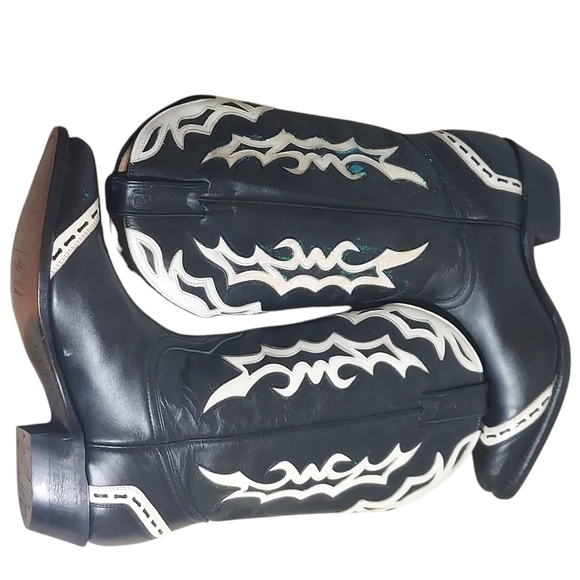 Boulet Black White Leather Glitter Overlays Pointed Toe Western Boots Women's - Picture 8 of 16